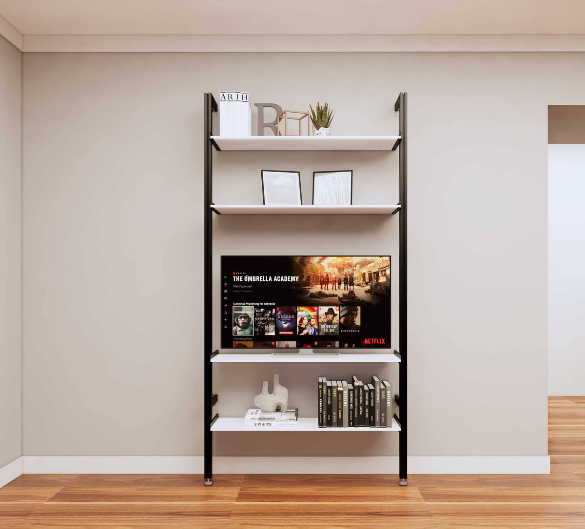 Modular media shelving unit with white shelves and black vertical posts, one bay, shown with open shelf levels.