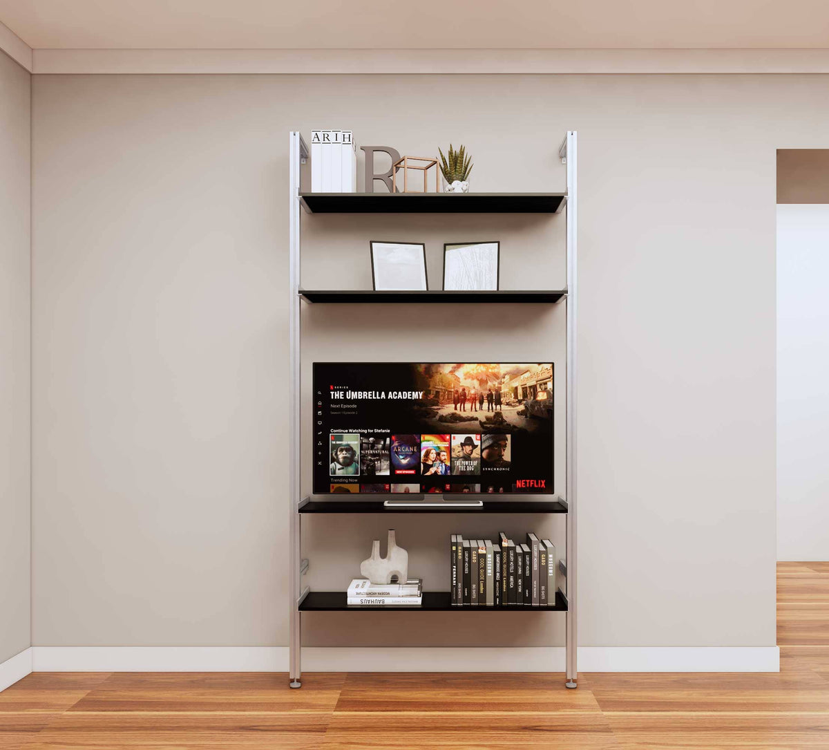 Modular media shelving unit with black shelves and satin vertical posts, one bay, shown with open shelf levels.
