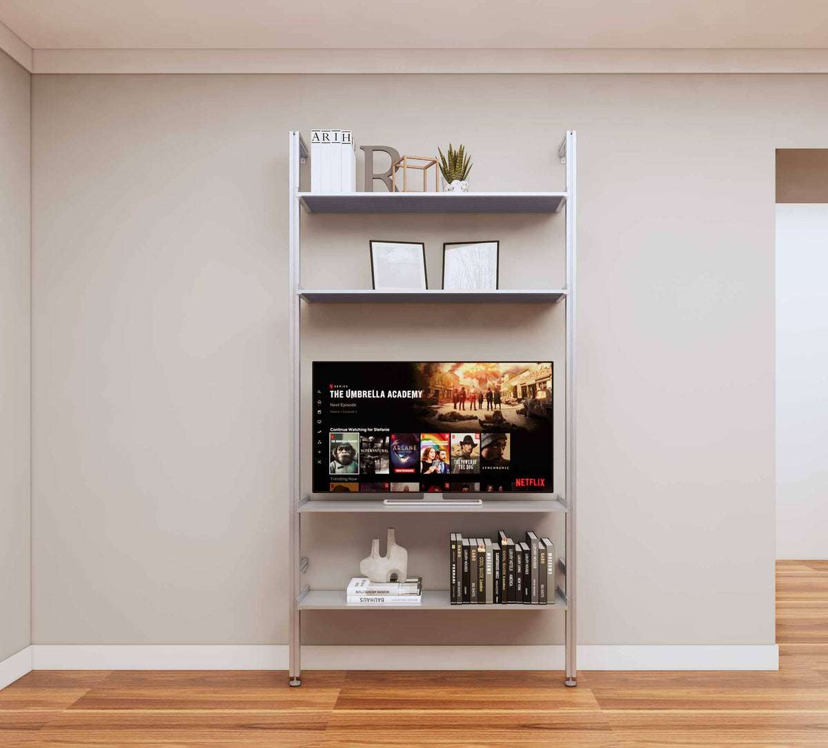 Modular media shelving unit with satin shelves and satin vertical posts, one bay, shown with open shelf levels.