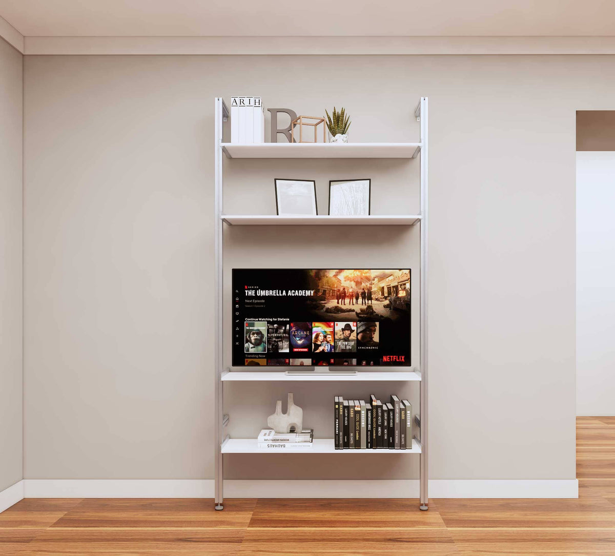 Modular media shelving unit with white shelves and satin vertical posts, one bay, shown with open shelf levels.