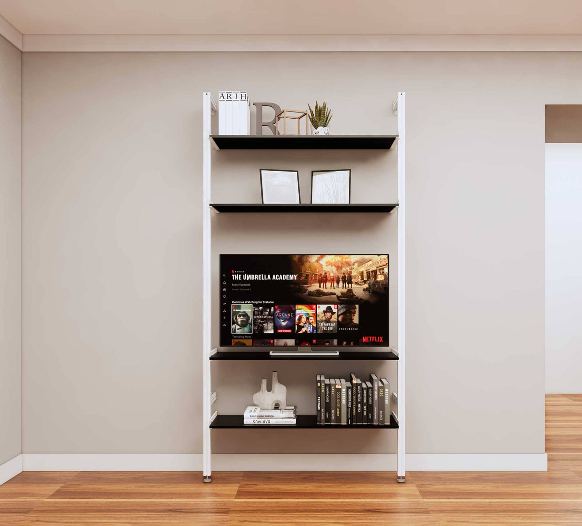 Modular media shelving unit with black shelves and white vertical posts, one bay, shown with open shelf levels.