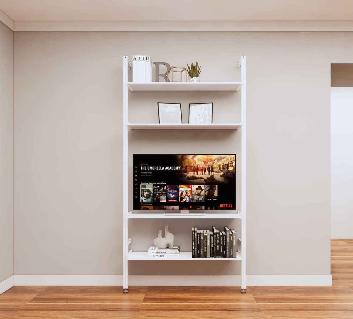 Modular media shelving unit with white shelves and white vertical posts, one bay, shown with open shelf levels.