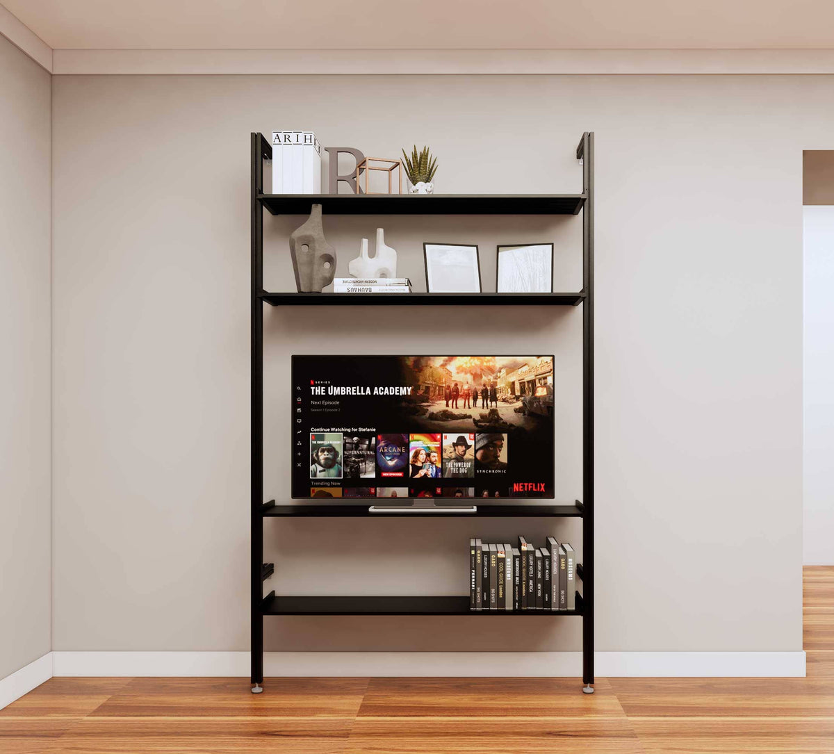 Modular media shelving unit with black shelves and black vertical posts, one bay, shown with open shelf levels.