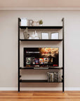 Modular media shelving unit with black shelves and black vertical posts, one bay, shown with open shelf levels.