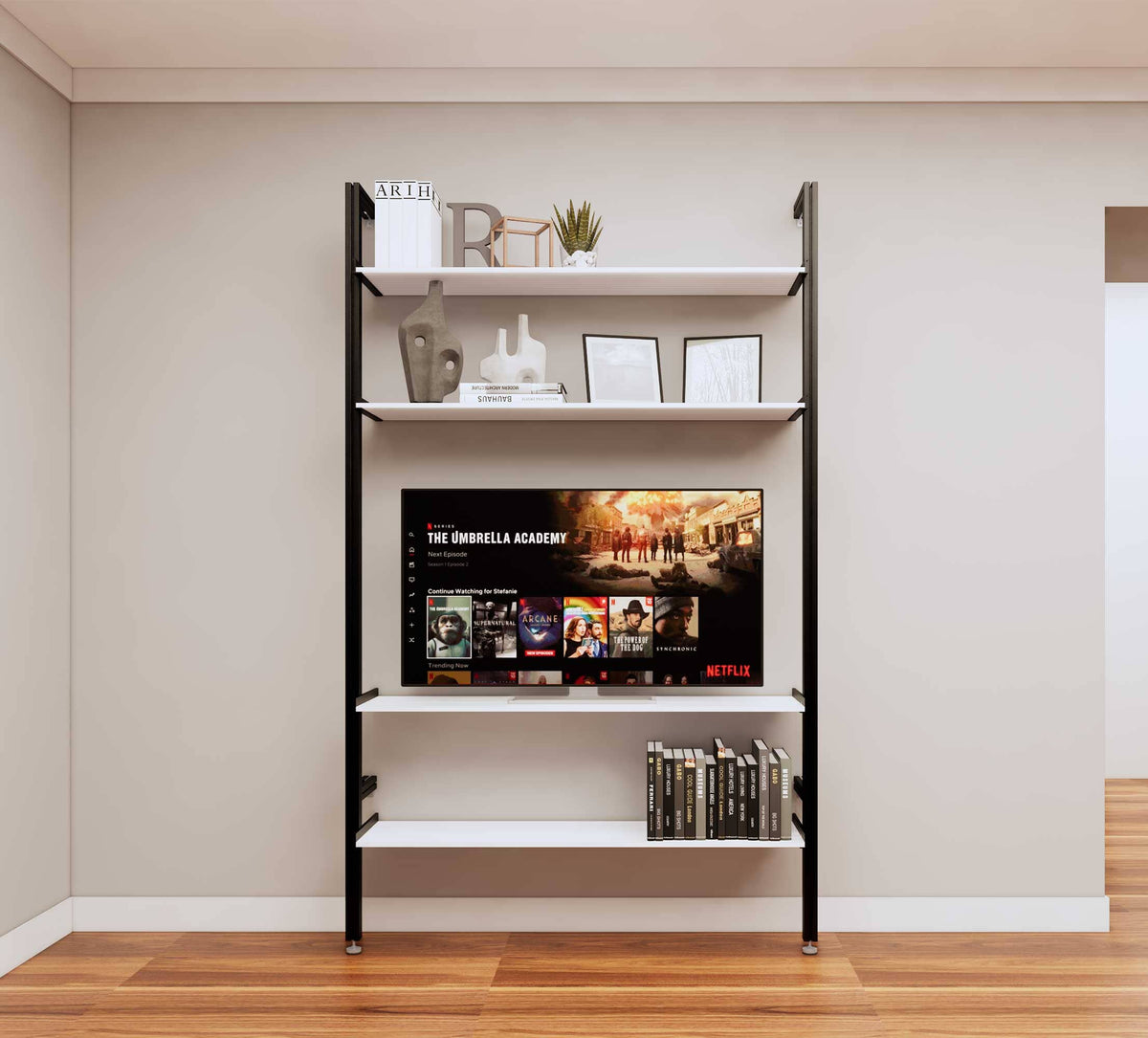 Modular media shelving unit with white shelves and black vertical posts, one bay, shown with open shelf levels.