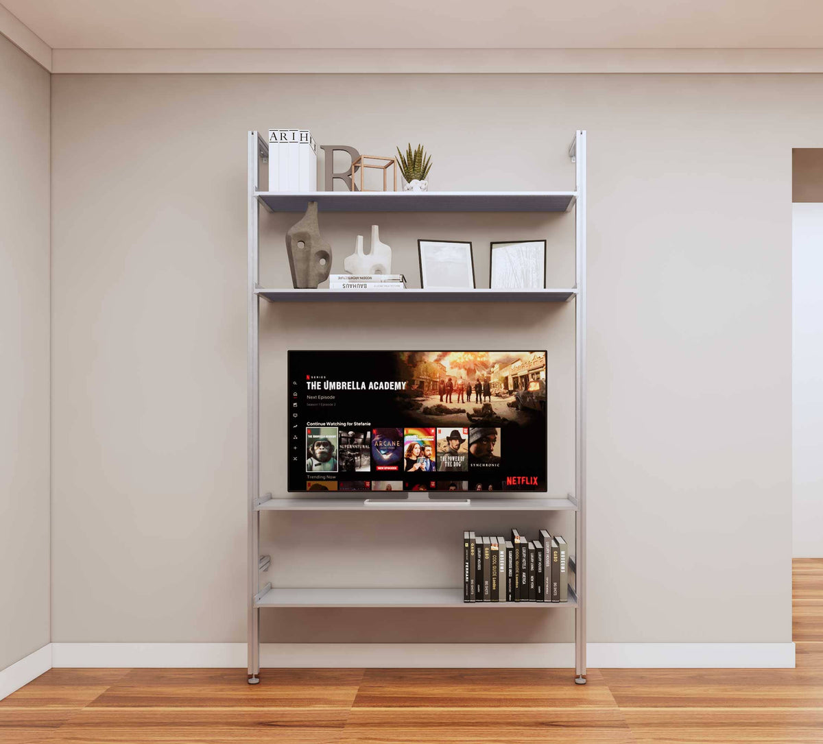 Modular media shelving unit with satin shelves and satin vertical posts, one bay, shown with open shelf levels.