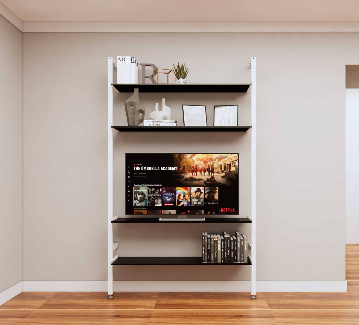 Modular media shelving unit with black shelves and white vertical posts, one bay, shown with open shelf levels.