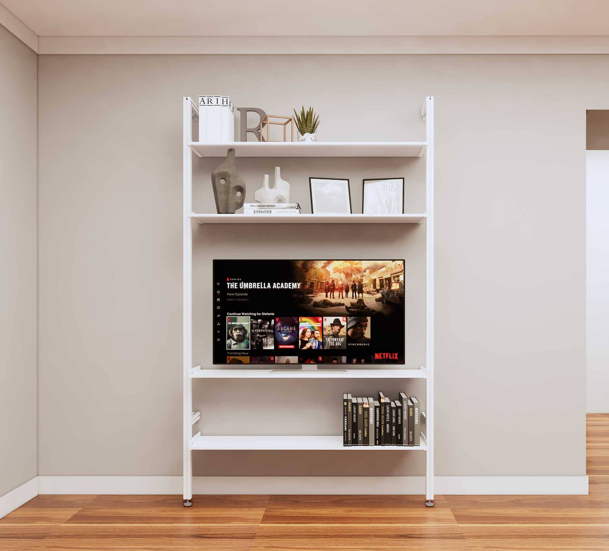 Modular media shelving unit with white shelves and white vertical posts, one bay, shown with open shelf levels.