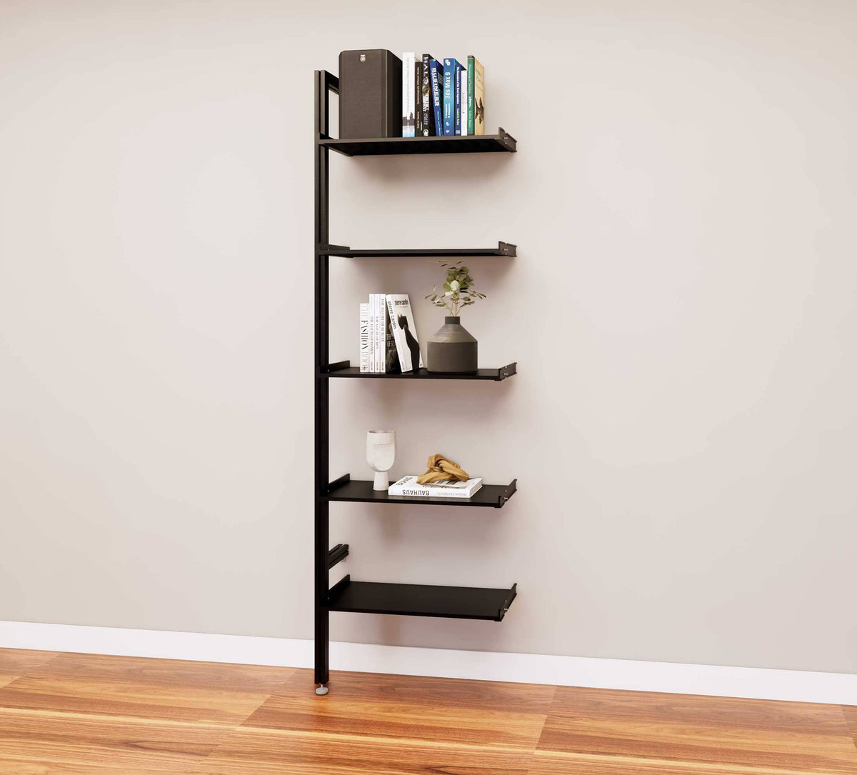 Modular media shelving extension with black shelves and black vertical post, one bay, 24-inch shelf width, shown with open shelf levels.