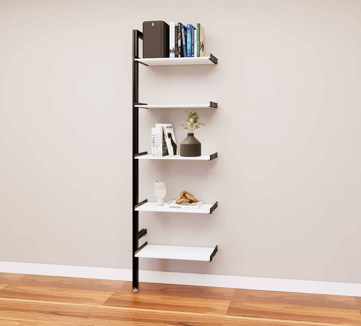 Modular media shelving extension with white shelves and black vertical post, one bay, 24-inch shelf width, shown with open shelf levels.