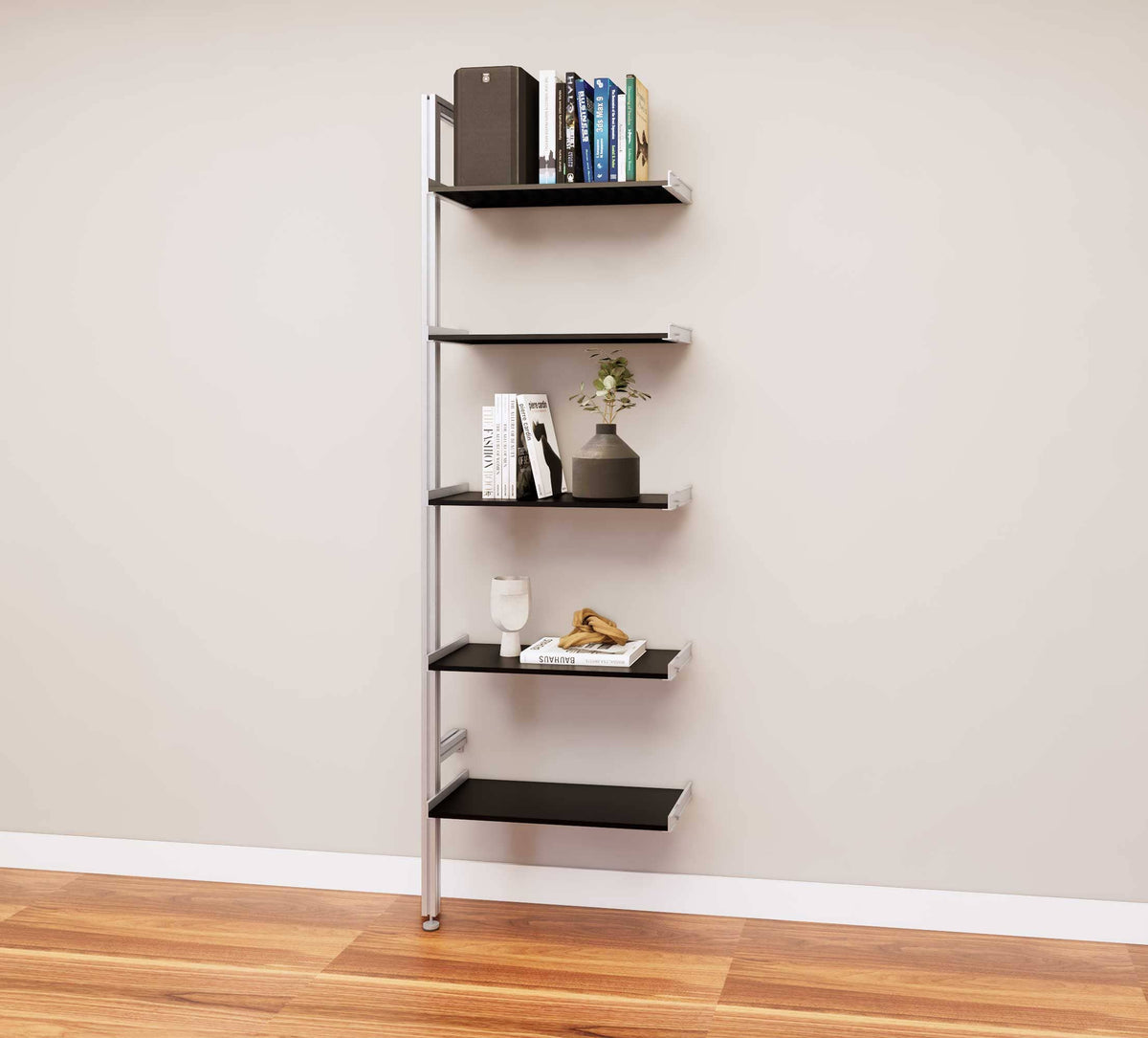 Modular media shelving extension with black shelves and satin vertical post, one bay, 24-inch shelf width, shown with open shelf levels.
