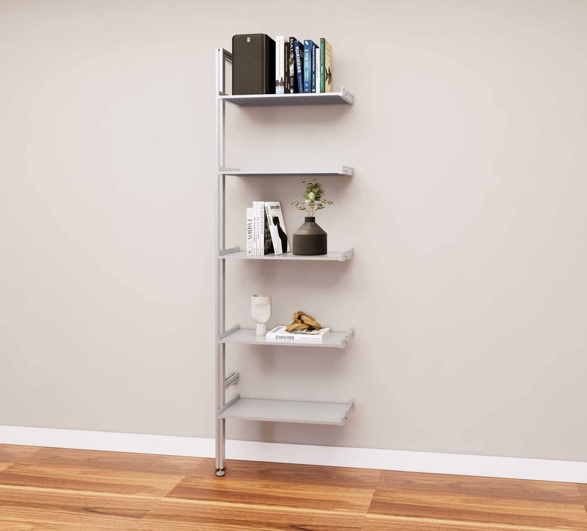 Modular media shelving extension with satin shelves and satin vertical post, one bay, 24-inch shelf width, shown with open shelf levels.