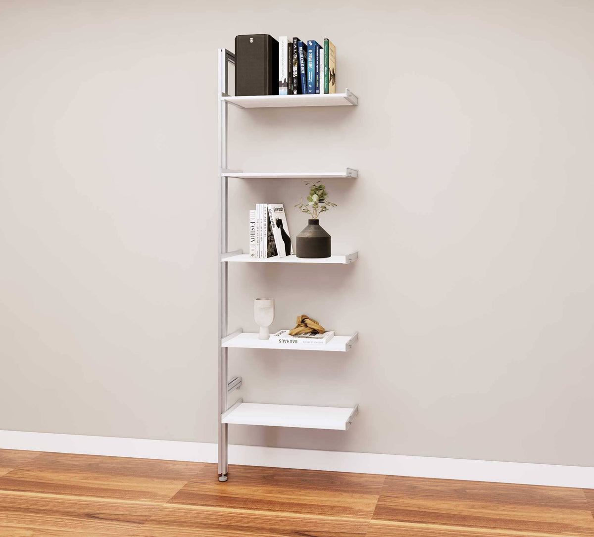 Modular media shelving extension with white shelves and satin vertical post, one bay, 24-inch shelf width, shown with open shelf levels.