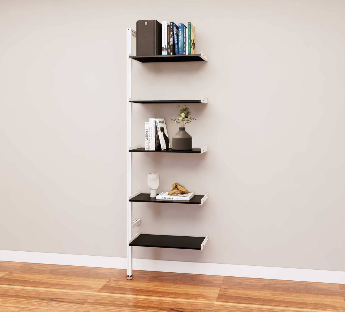 Modular media shelving extension with black shelves and white vertical post, one bay, 24-inch shelf width, shown with open shelf levels.