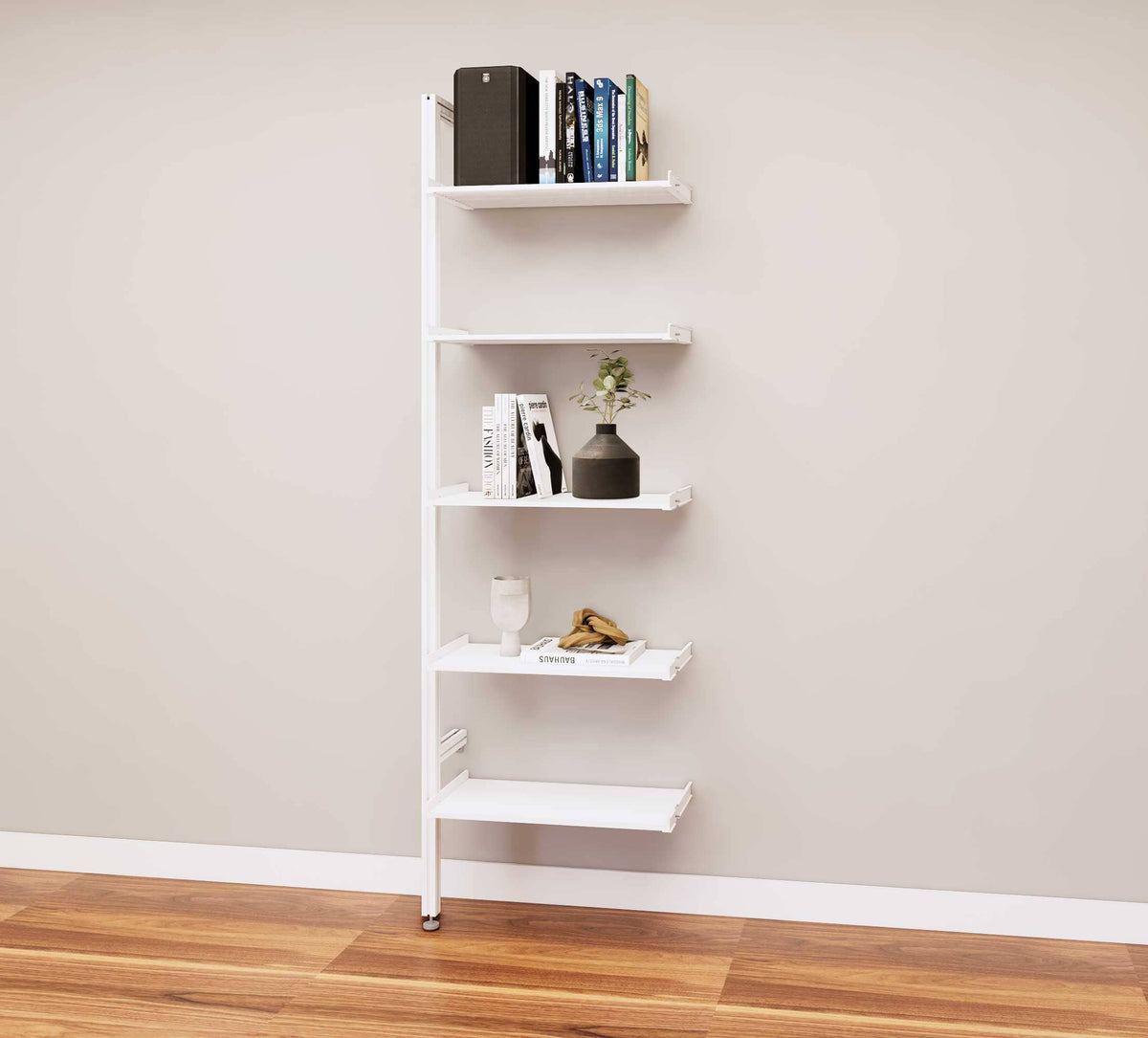 Modular media shelving extension with white shelves and white vertical post, one bay, 24-inch shelf width, shown with open shelf levels.
