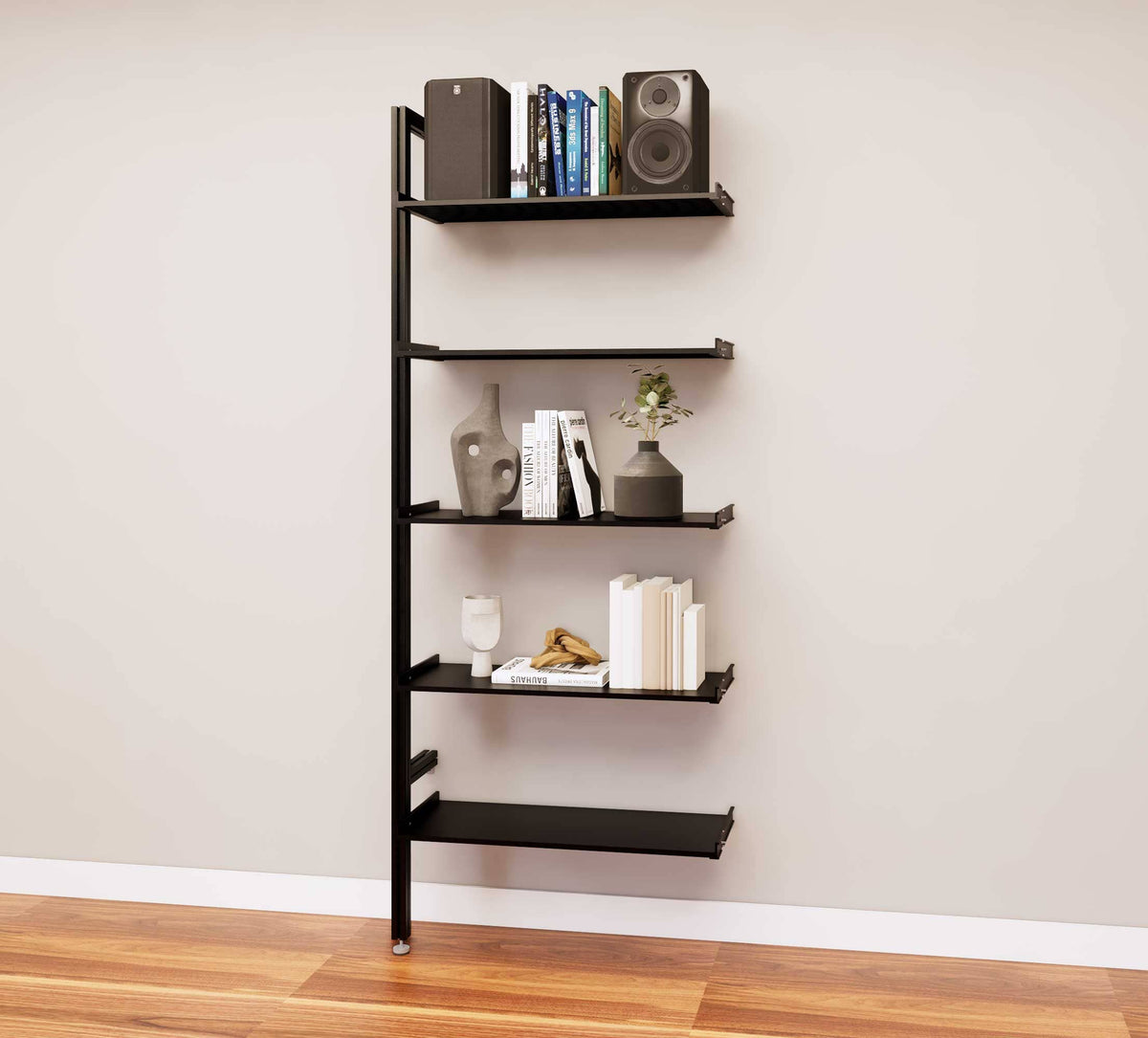 Modular media shelving extension with black shelves and black vertical post, one bay, 31-inch shelf width, shown with open shelf levels.
