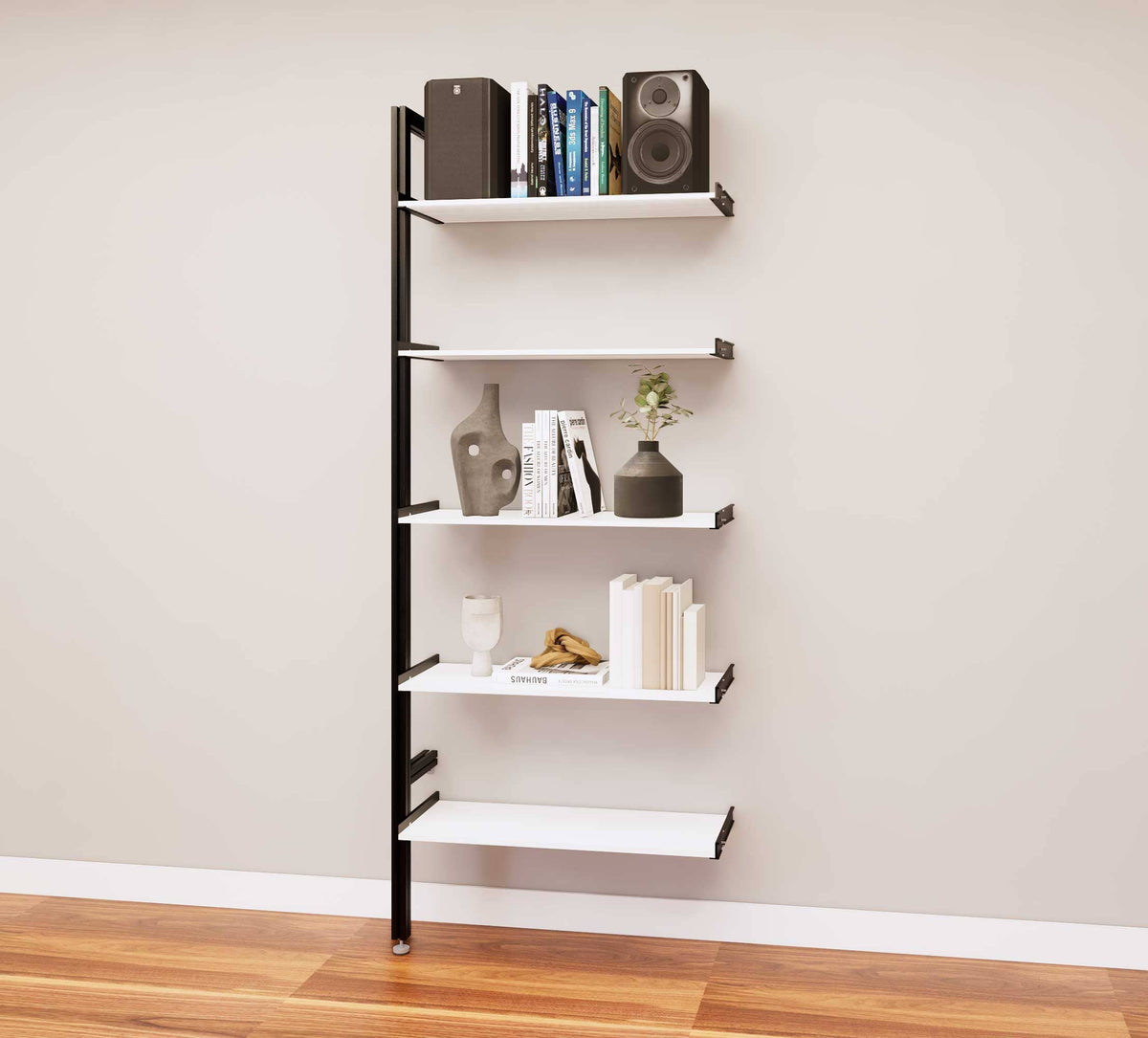 Modular media shelving extension with white shelves and black vertical post, one bay, 31-inch shelf width, shown with open shelf levels.