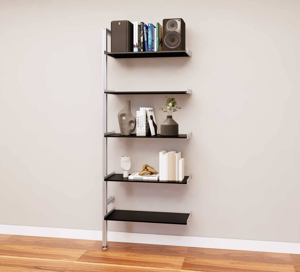 Modular media shelving extension with black shelves and satin vertical post, one bay, 31-inch shelf width, shown with open shelf levels.