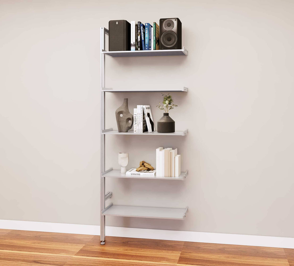 Modular media shelving extension with satin shelves and satin vertical post, one bay, 31-inch shelf width, shown with open shelf levels.
