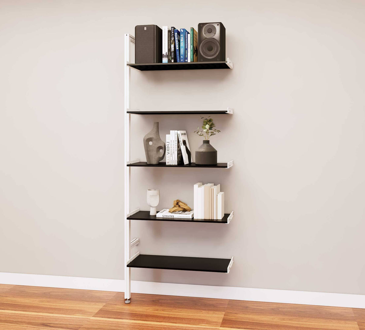 Modular media shelving extension with black shelves and white vertical post, one bay, 31-inch shelf width, shown with open shelf levels.
