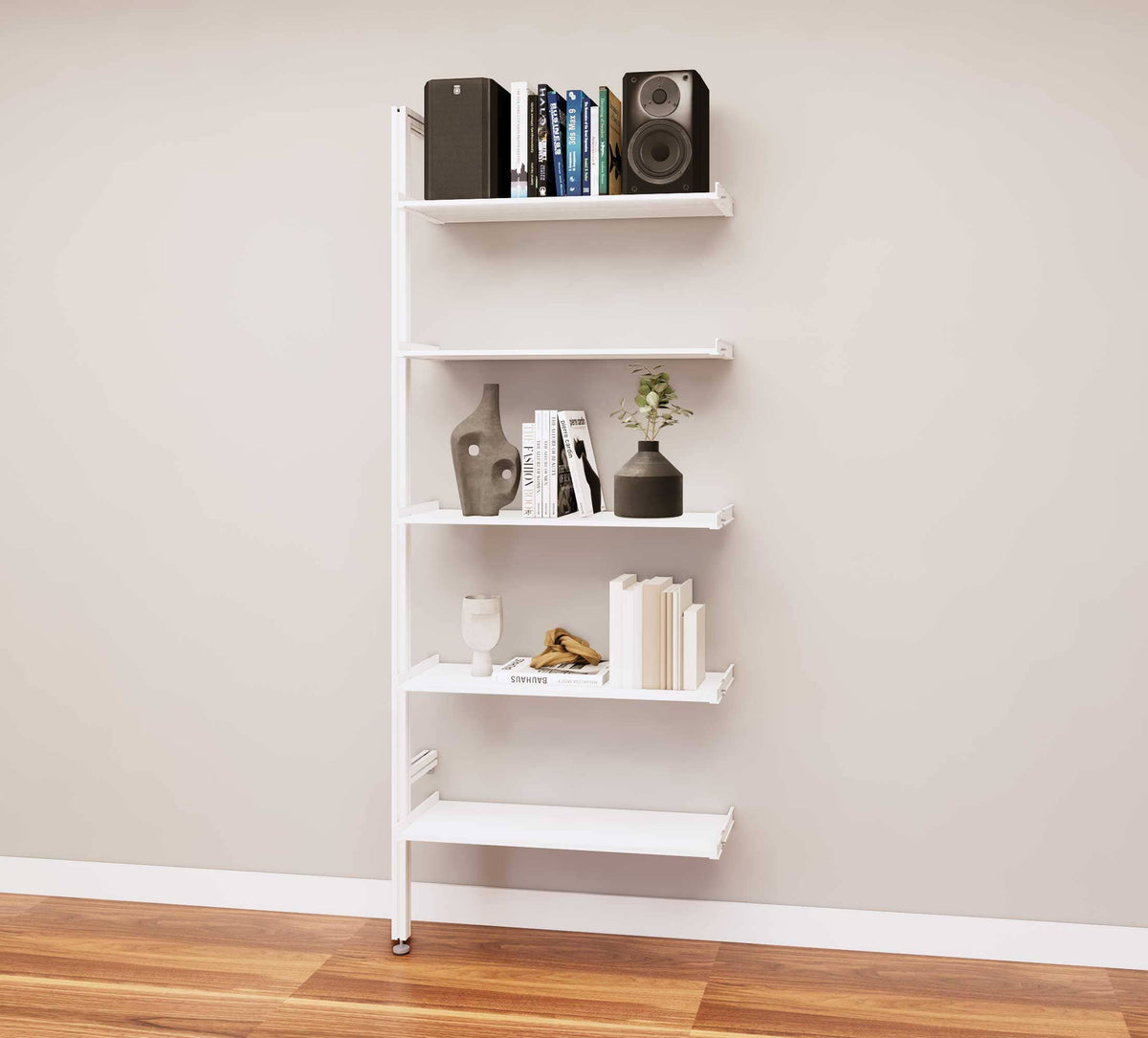 Modular media shelving extension with white shelves and white vertical post, one bay, 31-inch shelf width, shown with open shelf levels.