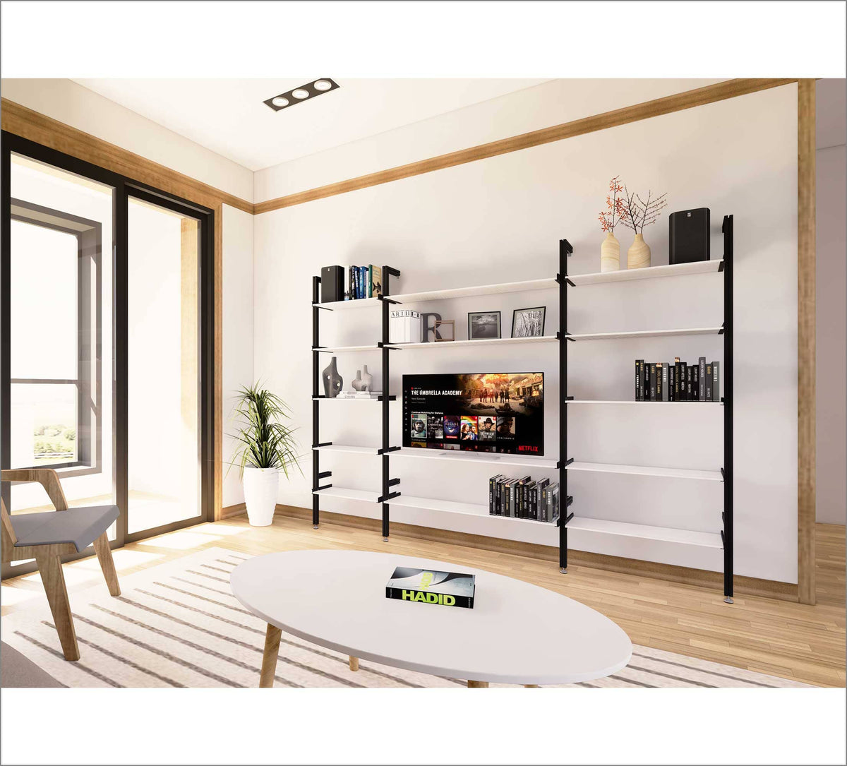 Modular media shelving unit with black shelves and white vertical posts, one bay, styled as an entertainment storage unit.