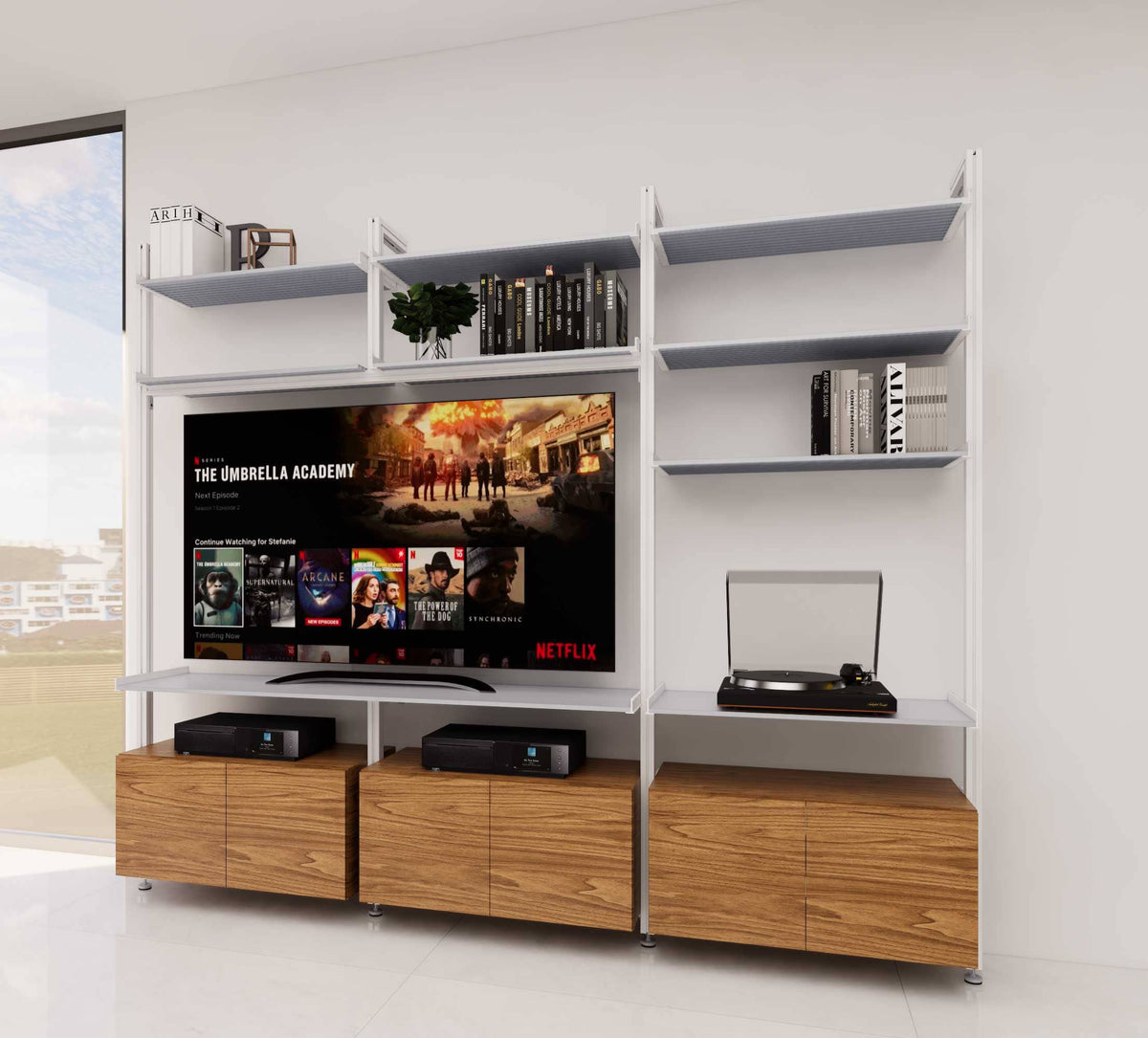 Modular media shelving unit, shown with open shelf levels.