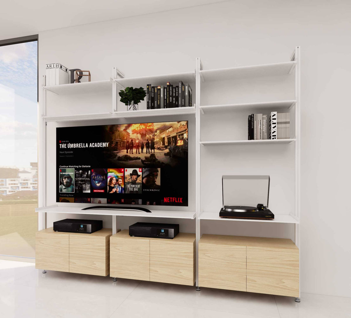 Modular media shelving unit, shown with open shelf levels.