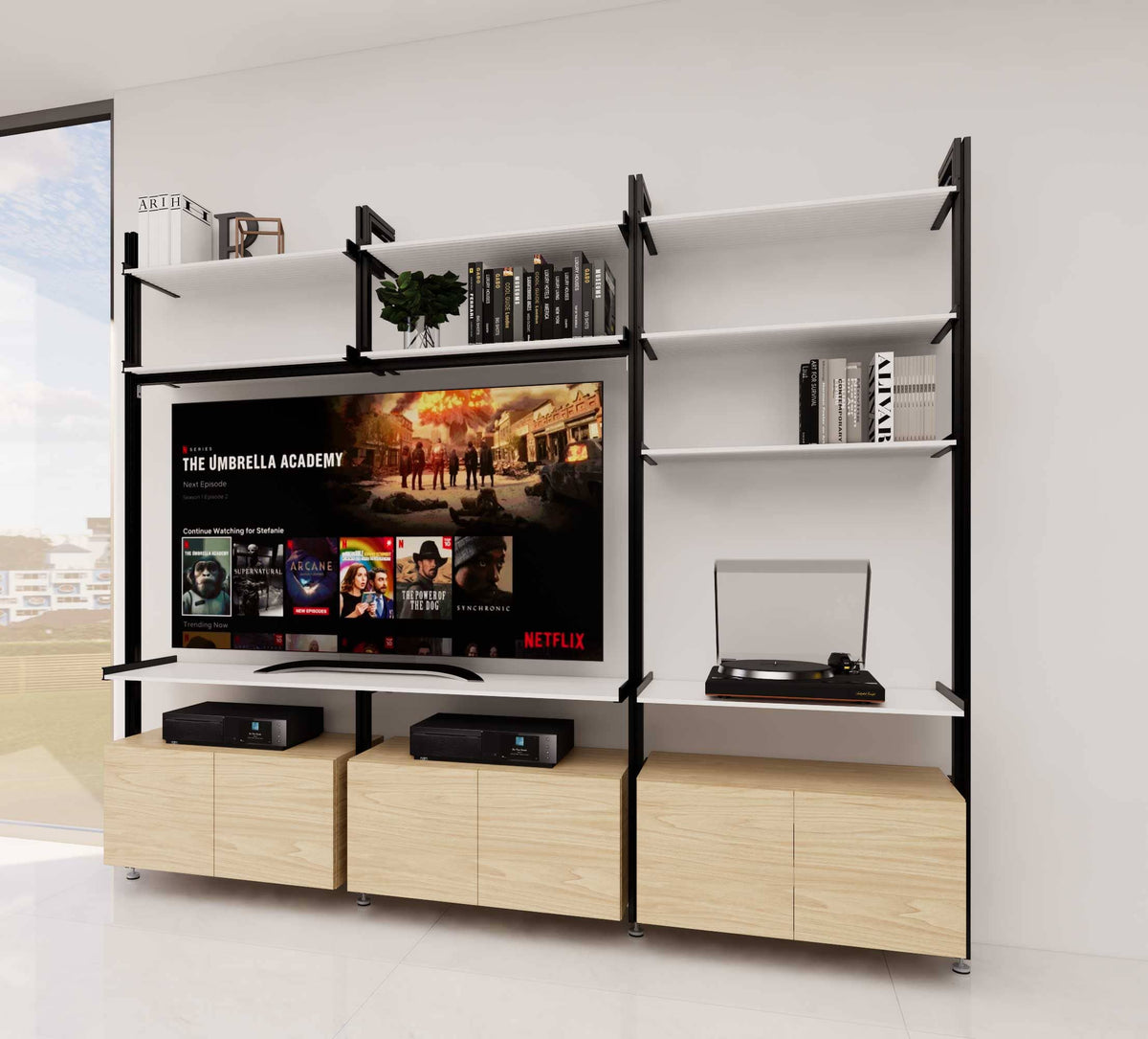 Modular media shelving unit, shown with open shelf levels.