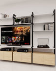 Modular media shelving unit, shown with open shelf levels.