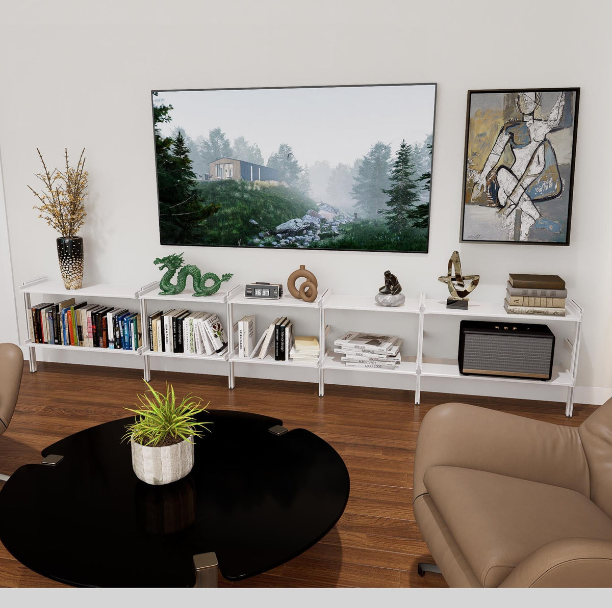 ModShelf shorty media and book shelving unit with white shelves and white vertical posts, five bays, shown with open shelf levels.