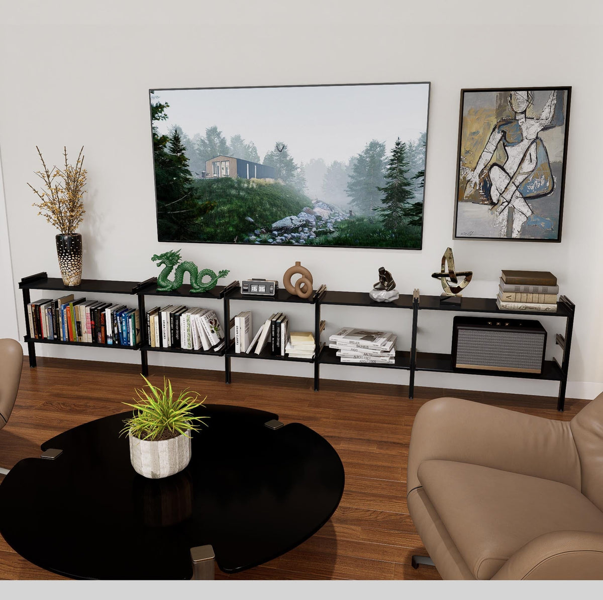 ModShelf shorty media and book shelving unit with black shelves and black vertical posts, five bays, shown with open shelf levels.