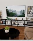 ModShelf shorty media and book shelving unit with black shelves and black vertical posts, five bays, shown with open shelf levels.