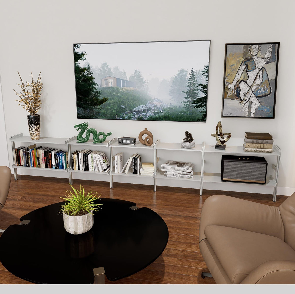 ModShelf shorty media and book shelving unit with satin shelves and satin vertical posts, five bays, shown with open shelf levels.