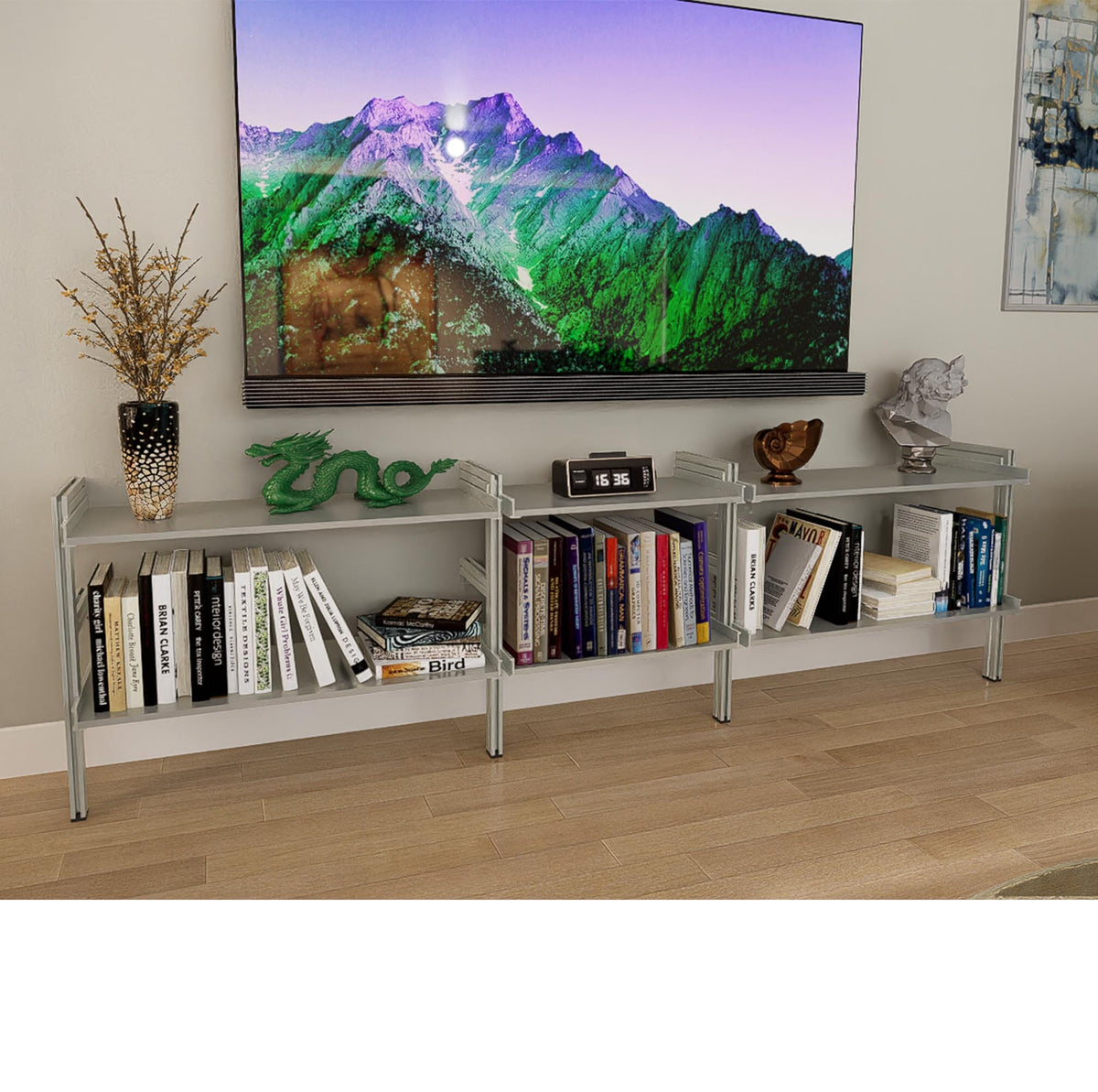 ModShelf shorty media and book shelving unit with satin shelves and satin vertical posts, three bays, shown with open shelf levels.