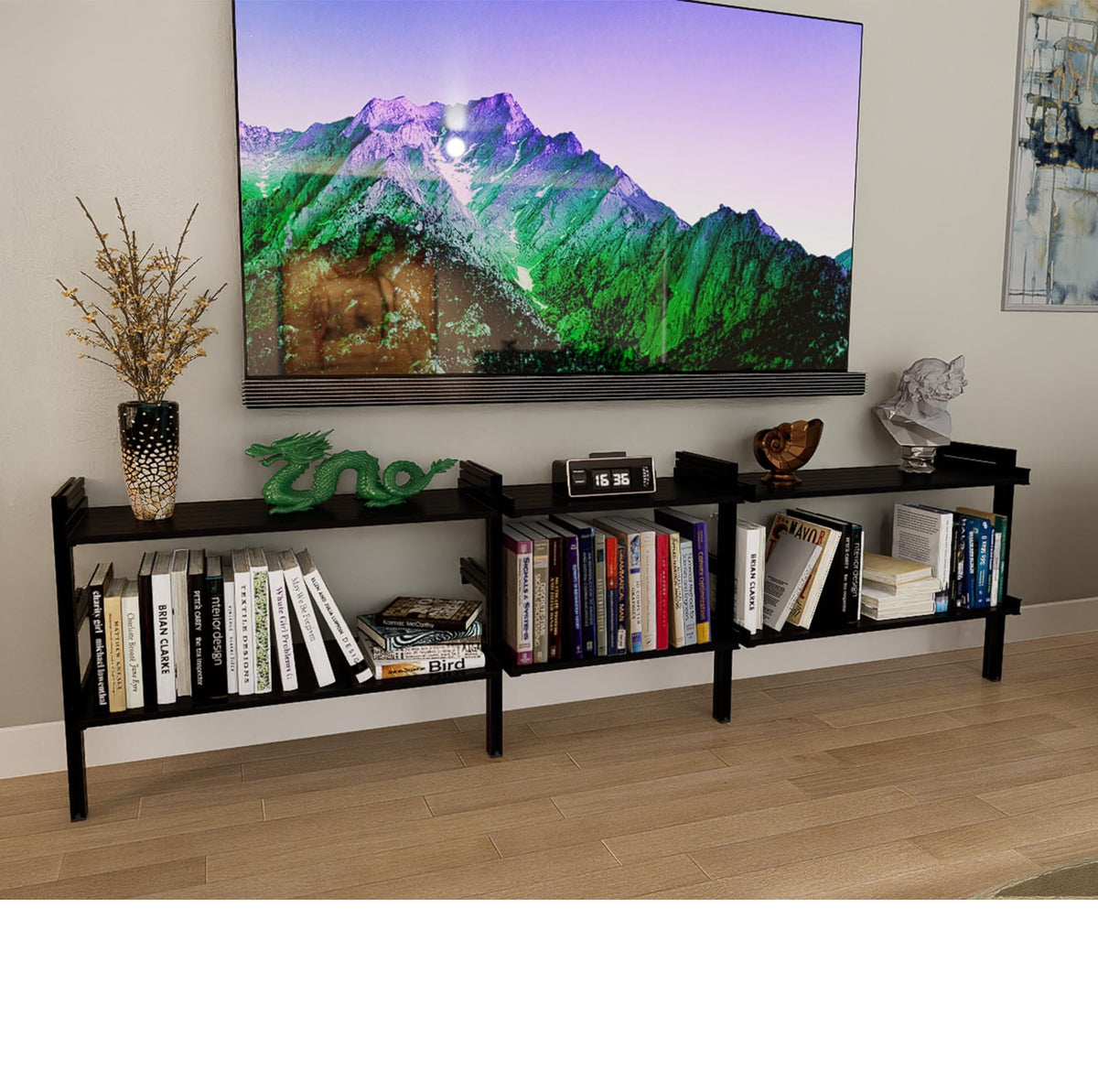 ModShelf shorty media and book shelving unit with black shelves and black vertical posts, three bays, shown with open shelf levels.