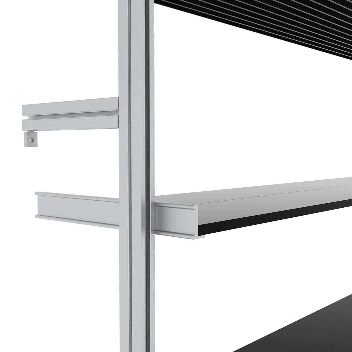 Modular shelving extension with satin shelves and black vertical post, one bay, 33-inch shelf width, shown with open shelf levels.