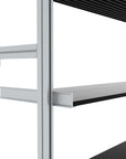 Modular shelving unit with satin shelves and black vertical posts, one bay, 33-inch shelf width, shown with open shelf levels.