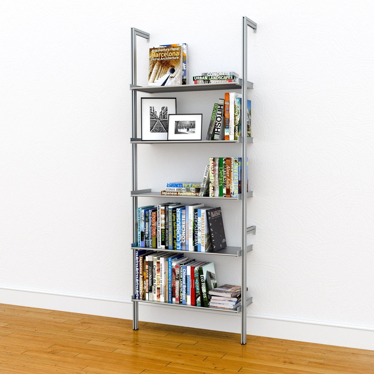 Modular shelving unit with satin shelves and satin vertical posts, one bay, 33-inch shelf width, styled in a modern room.