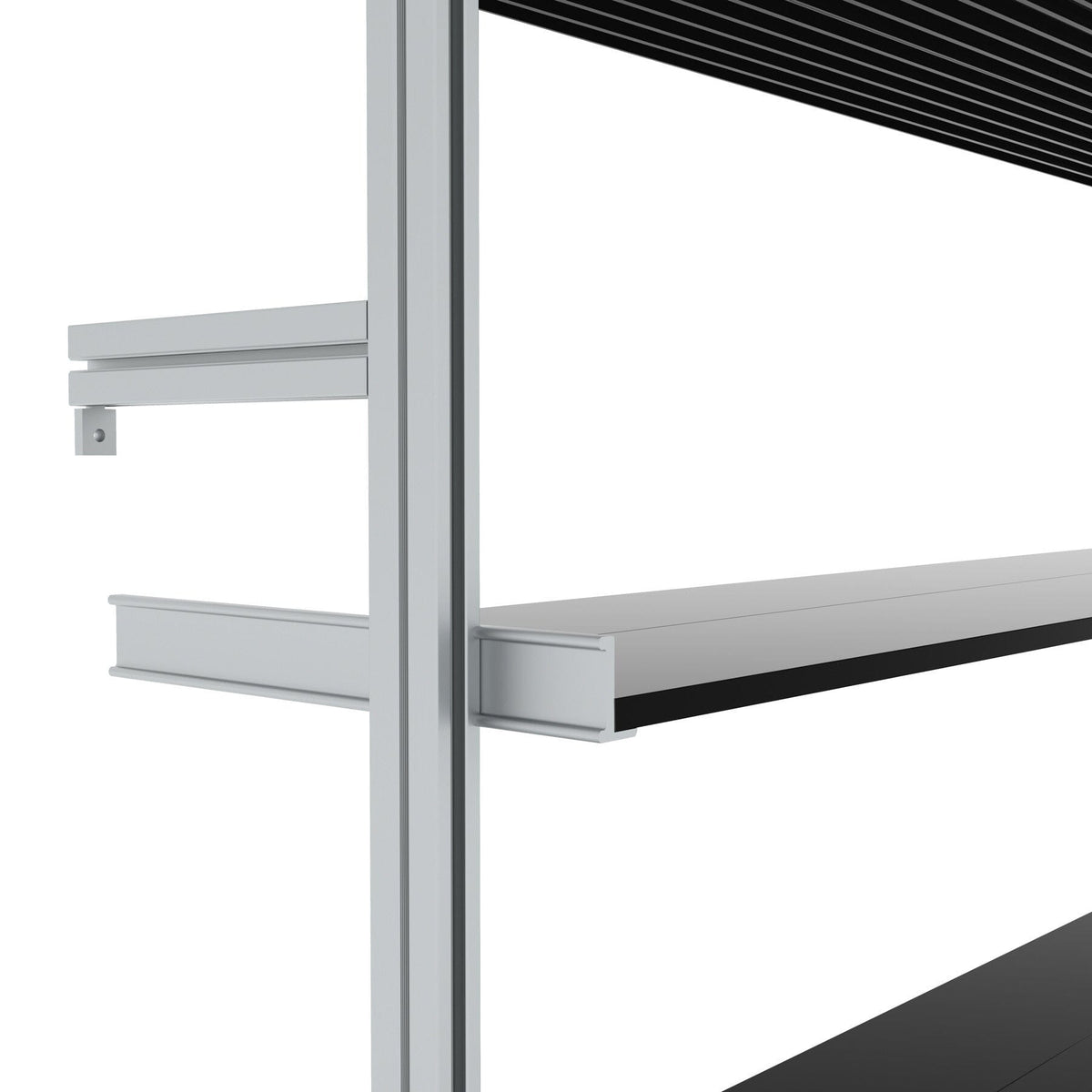 Modular media shelving unit with white shelves and satin vertical posts, shown with eight open shelf levels.