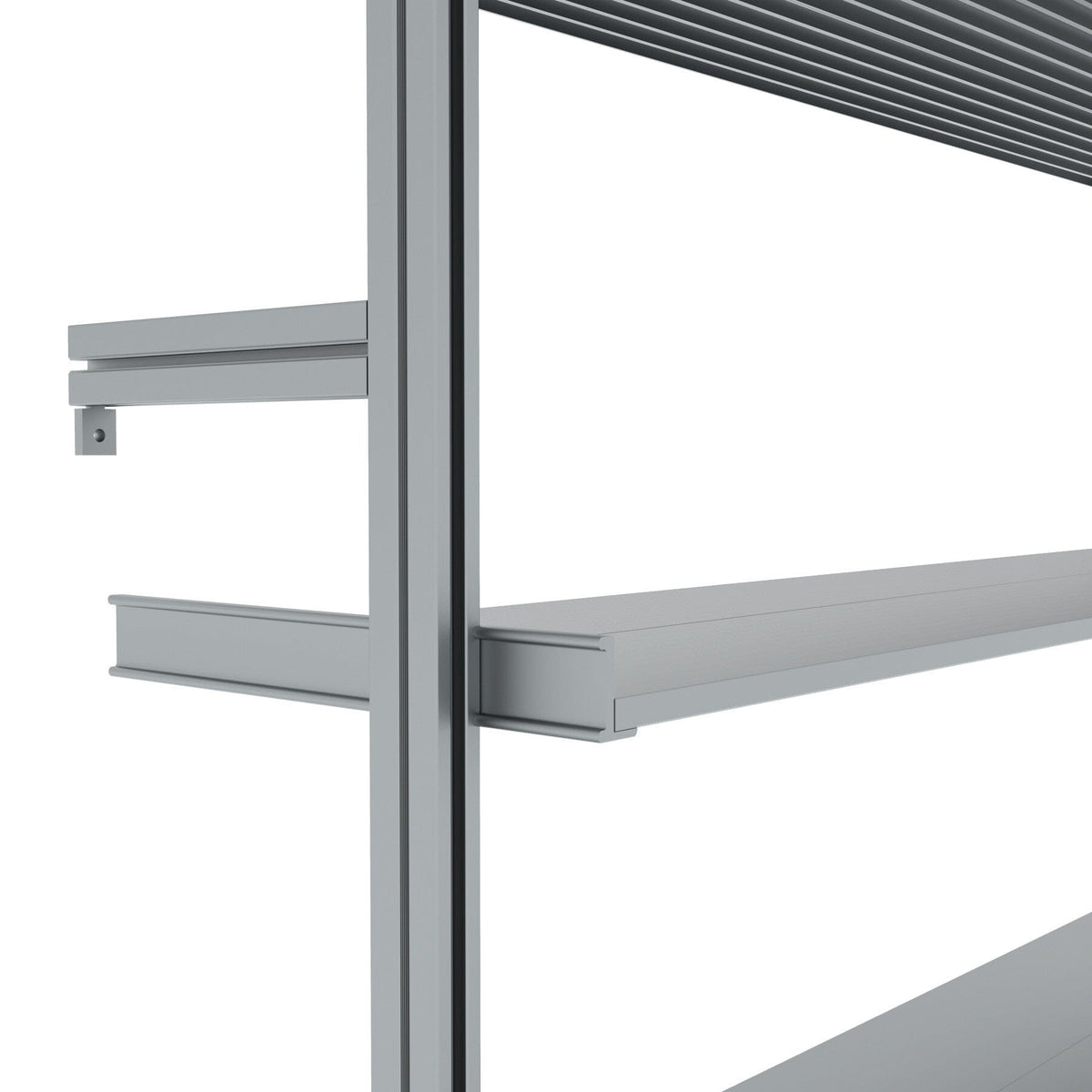 Modular shelving unit with satin shelves and satin vertical posts, shown in a close-up detail view.