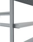 Modular shelving unit with satin shelves and satin vertical posts, shown in a close-up detail view.