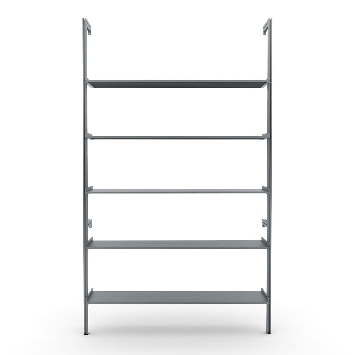 Modular shelving unit with bronze shelves and satin vertical posts.