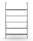 Modular shelving unit with bronze shelves and satin vertical posts.