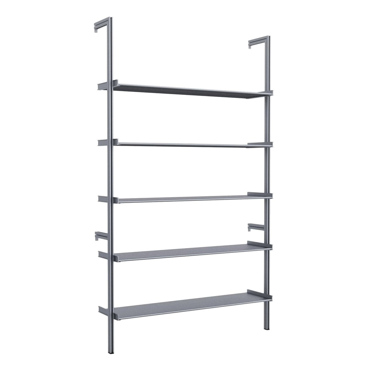 Modular shelving unit with white shelves and satin vertical posts.