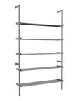 Modular shelving unit with white shelves and satin vertical posts.