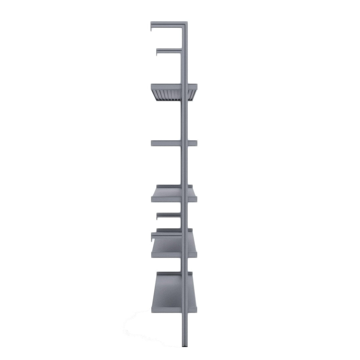 Modular shelving unit with satin shelves and satin vertical posts, shown from the side.