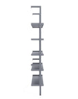 Modular shelving unit with satin shelves and satin vertical posts, shown from the side.
