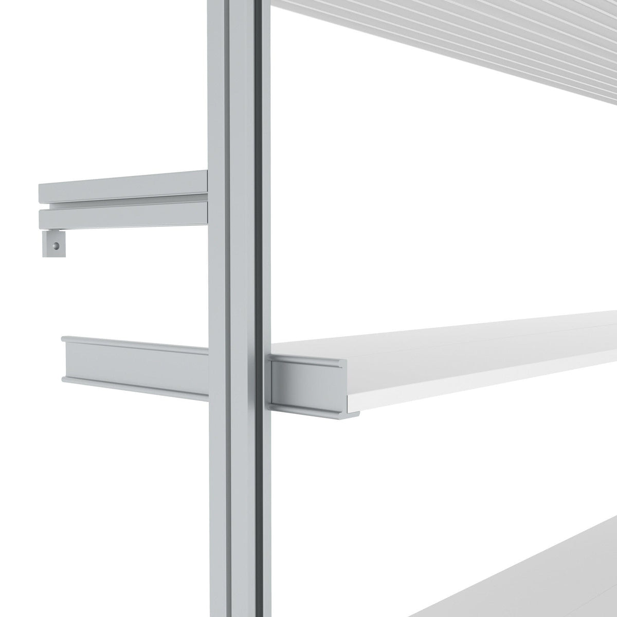 Modular shelving unit with orange shelves and satin vertical posts.