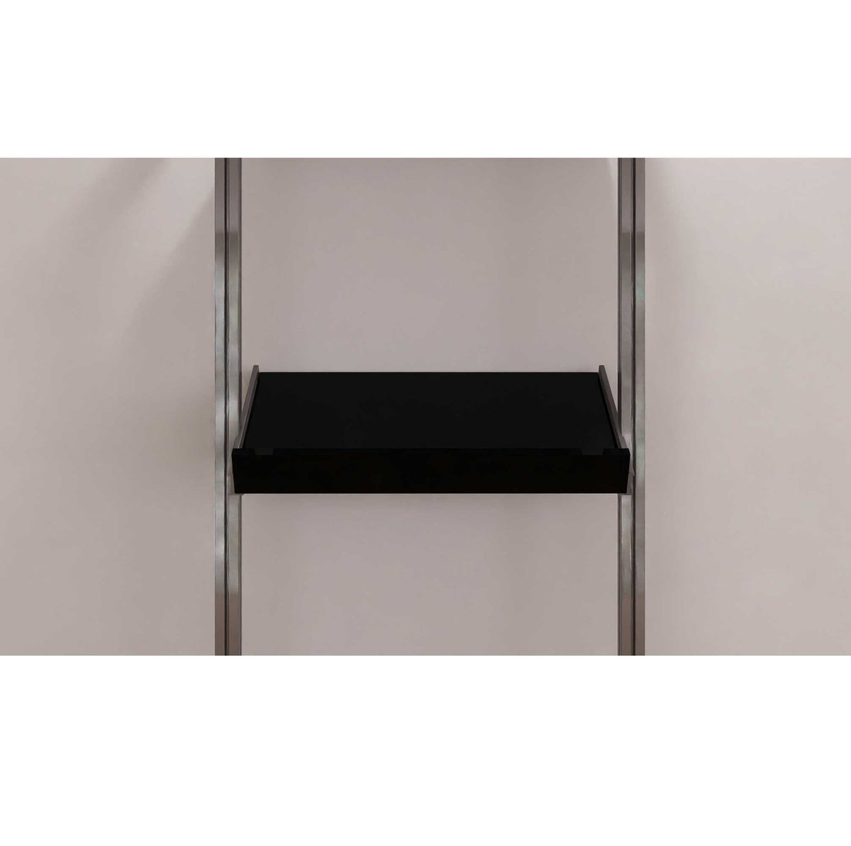 Modular shelving unit with satin shelves and satin vertical posts.